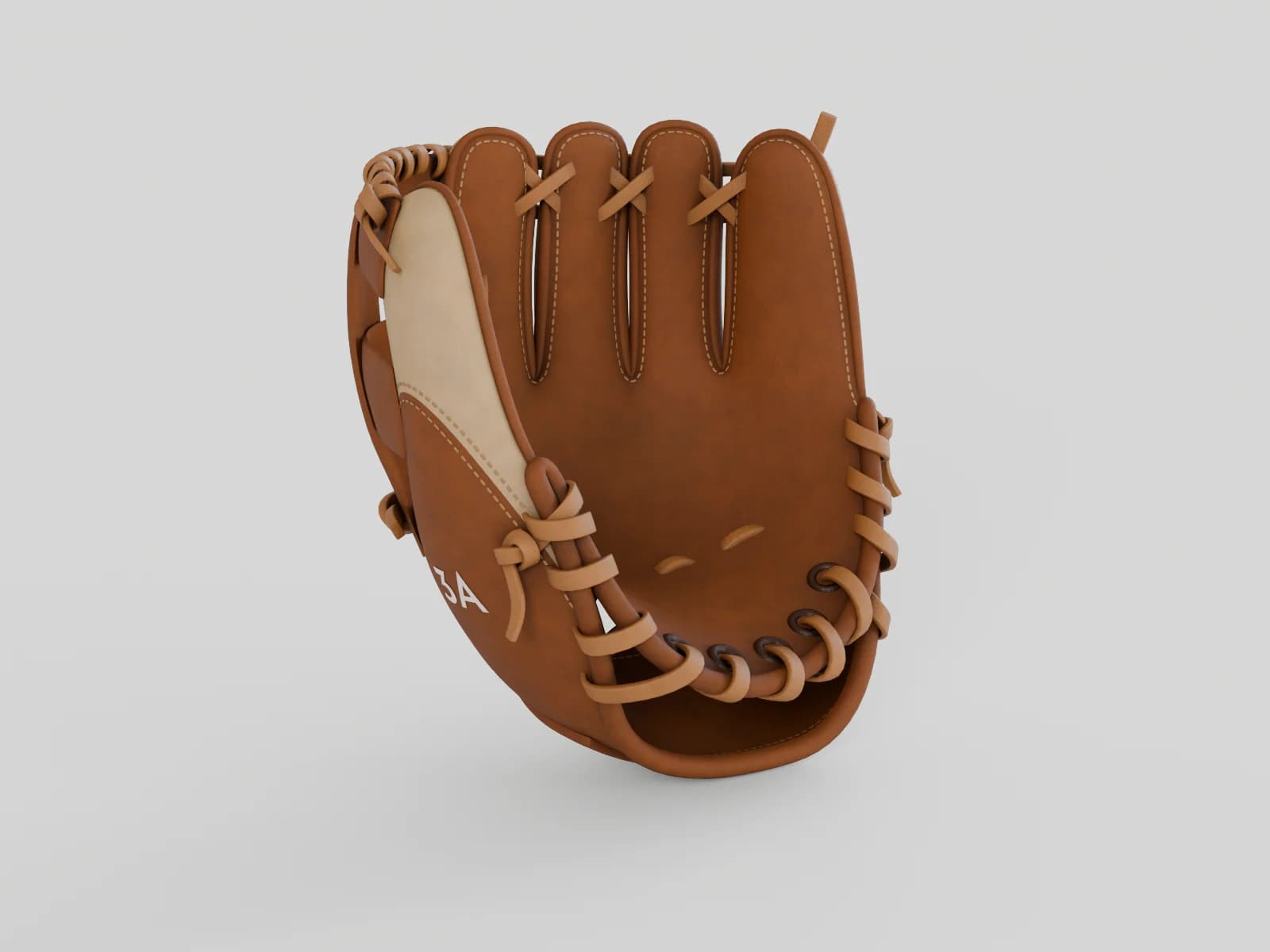 Saddle and blonde leather infield glove with laced I-web, rendered in the studio