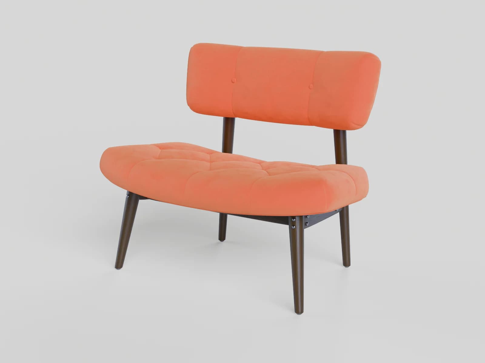 Mango velvet lounge chair with walnut legs, rendered in the studio